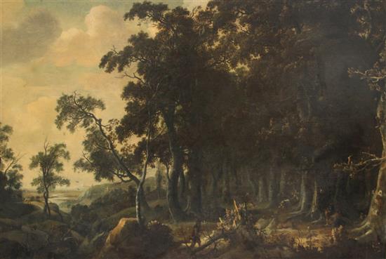 18th Century Flemish School An extensive wooded landscape with a stag hunt in the foreground 36 x 53in.